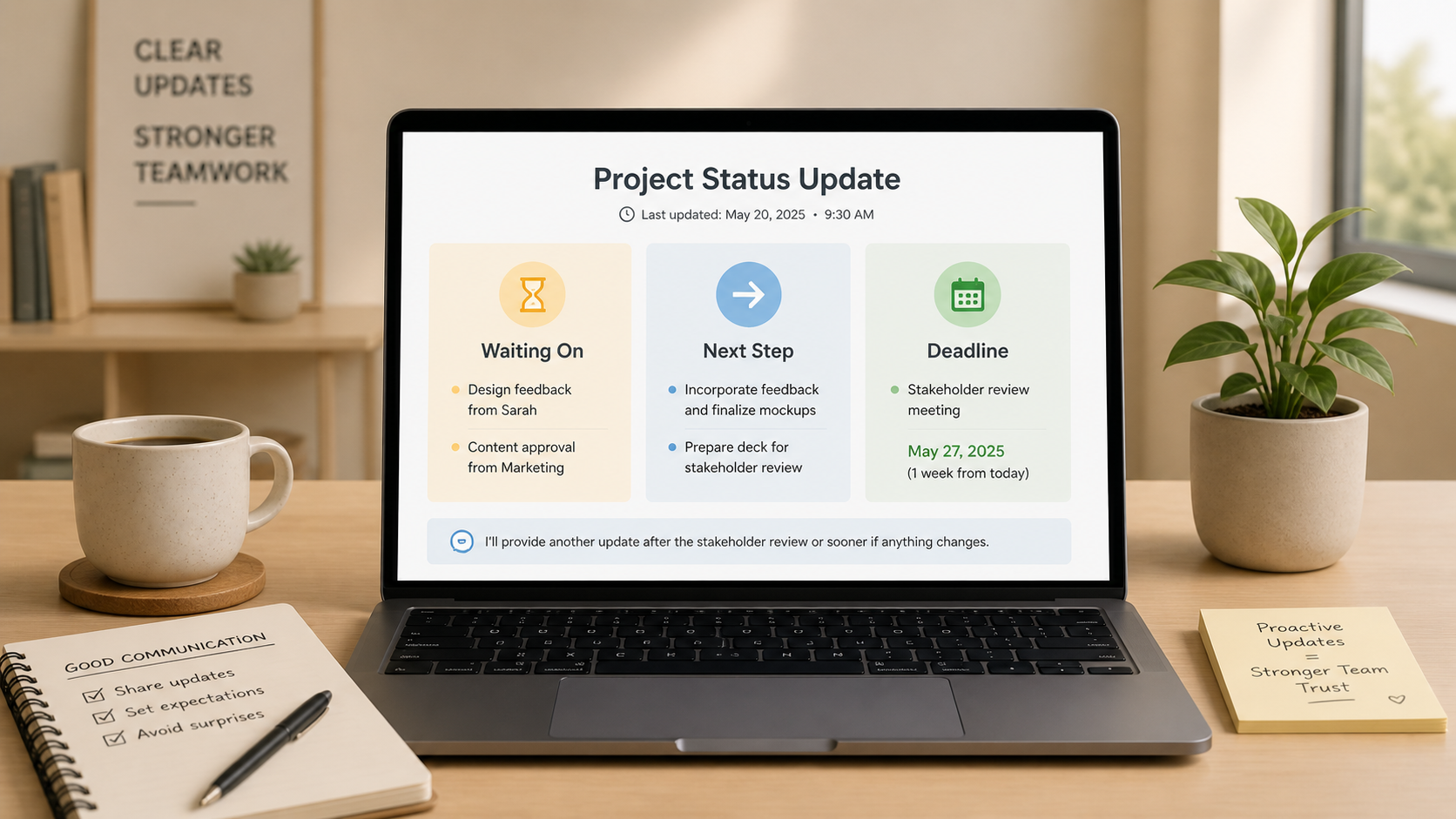 A laptop showing a project status update with Waiting On, Next Step, and Deadline sections on a modern workspace desk.